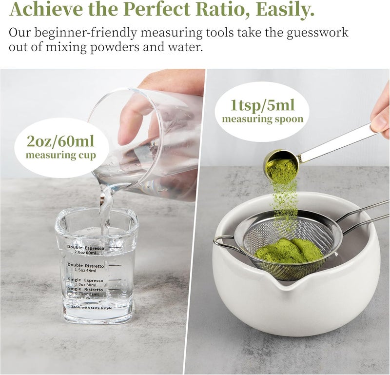 YIBO Matcha Whisk Set White, Matcha Set Kit Includes Ceramic Matcha Bowl, Bamboo Whisk, Scoop, Measuring Spoon & Cup, Chasen Holder, Sifter Tool - Image 3